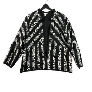 CHICOS Open Front Jacket Size XL Chicos 3 Black Off White Geometric Print Lined